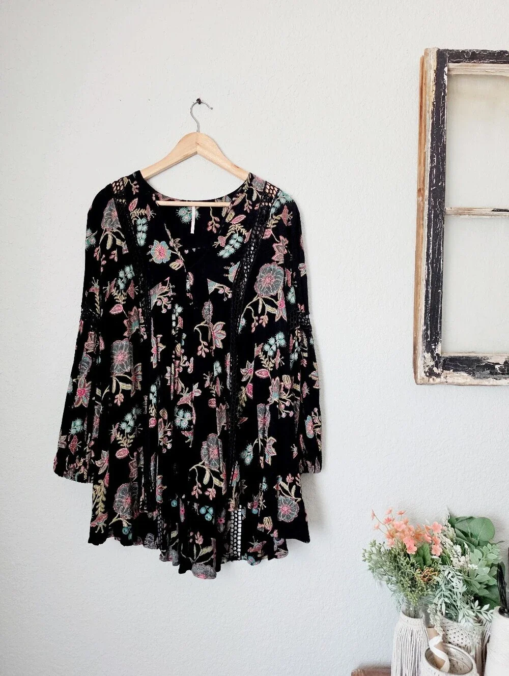 Free People Just The Two Of Us Top Tunic Dress Black Floral Botanical Women XS